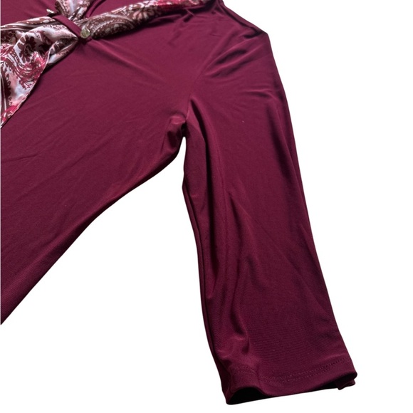 Burgundy Blouse Women’s L Scarf Tie Top V Neck 3/4 Sleeve - Picture 4 of 6